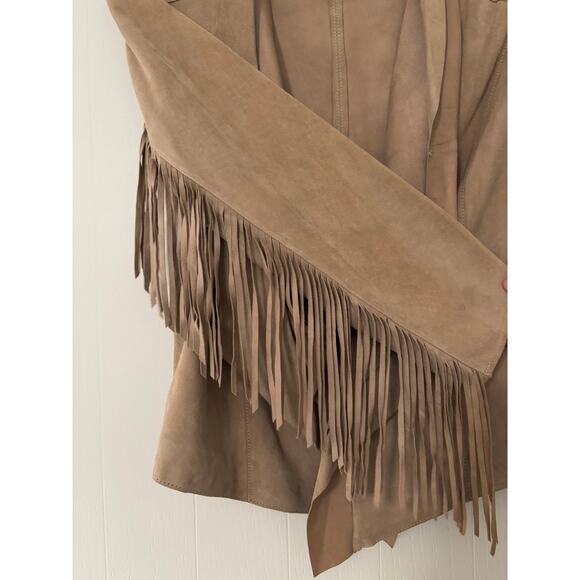 Lamarque Size 2 Fringe Arm Short Waist Drape Collar Leather Evening Coat - Picture 3 of 6